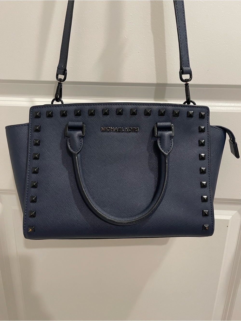 Michael Kors Navy Studded Saffiano Satchel